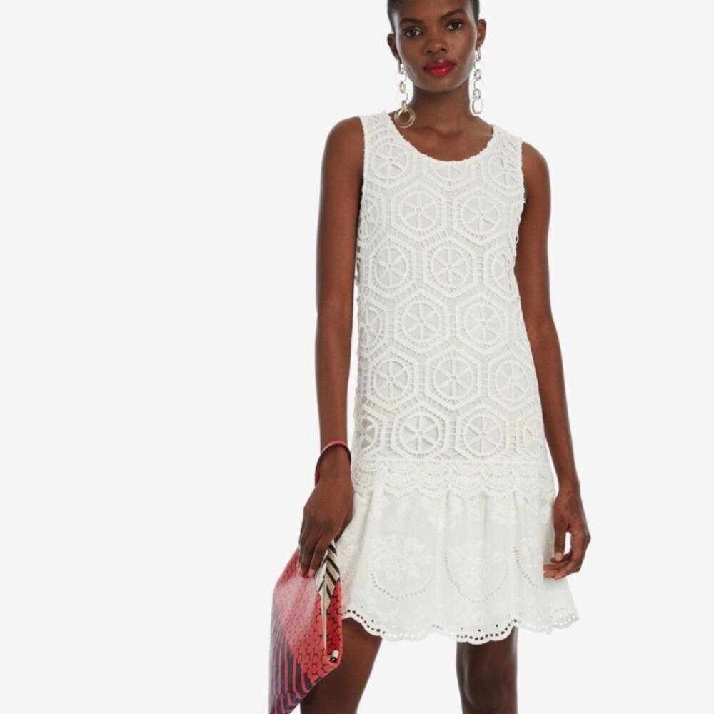 Desigual Lace Layer Sleeveless White Mini Dress Designed by M. Christian Lacroix